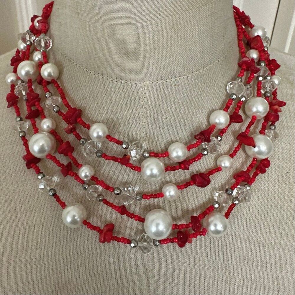 Genuine Red Coral & faux Pearl Multi-Strand Necklace